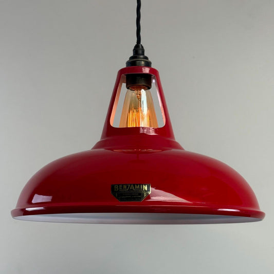 Cawston XL ~ **Worn** British Red Solid Shade Slotted Design Pendant Set Light ~ 14 Inch