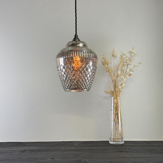 Vintage Mercury Glass Pendant Light Handcrafted Diamond Cut Hanging Lamp