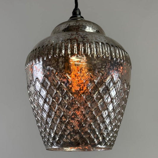 Vintage Mercury Glass Pendant Light Handcrafted Diamond Cut Hanging Lamp