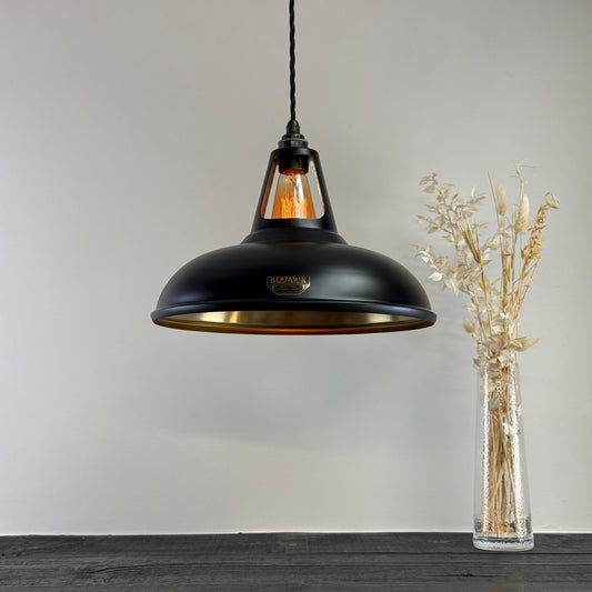 Cawston XL ~ Matt Black & Antique Brass Lampshade Slotted Design Pendant Ceiling Light ~ 14 Inch