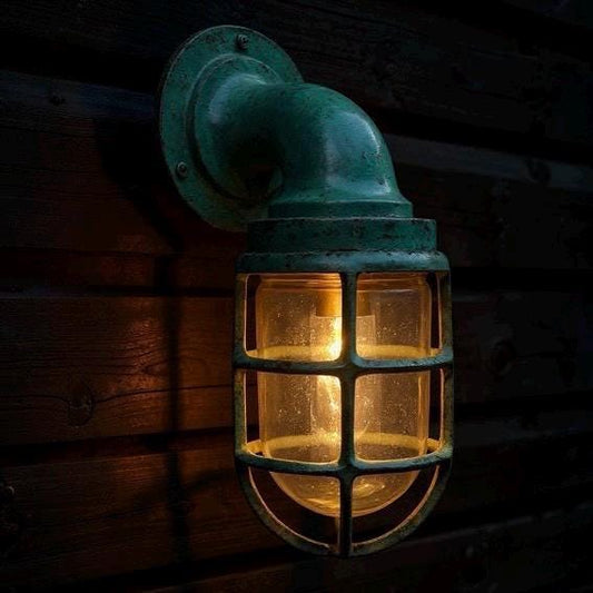 Beachamwell ~ Solid Brass Verdigris Bulkhead Outdoor & Bathroom Sconce Wall Light | 10.5 Inch