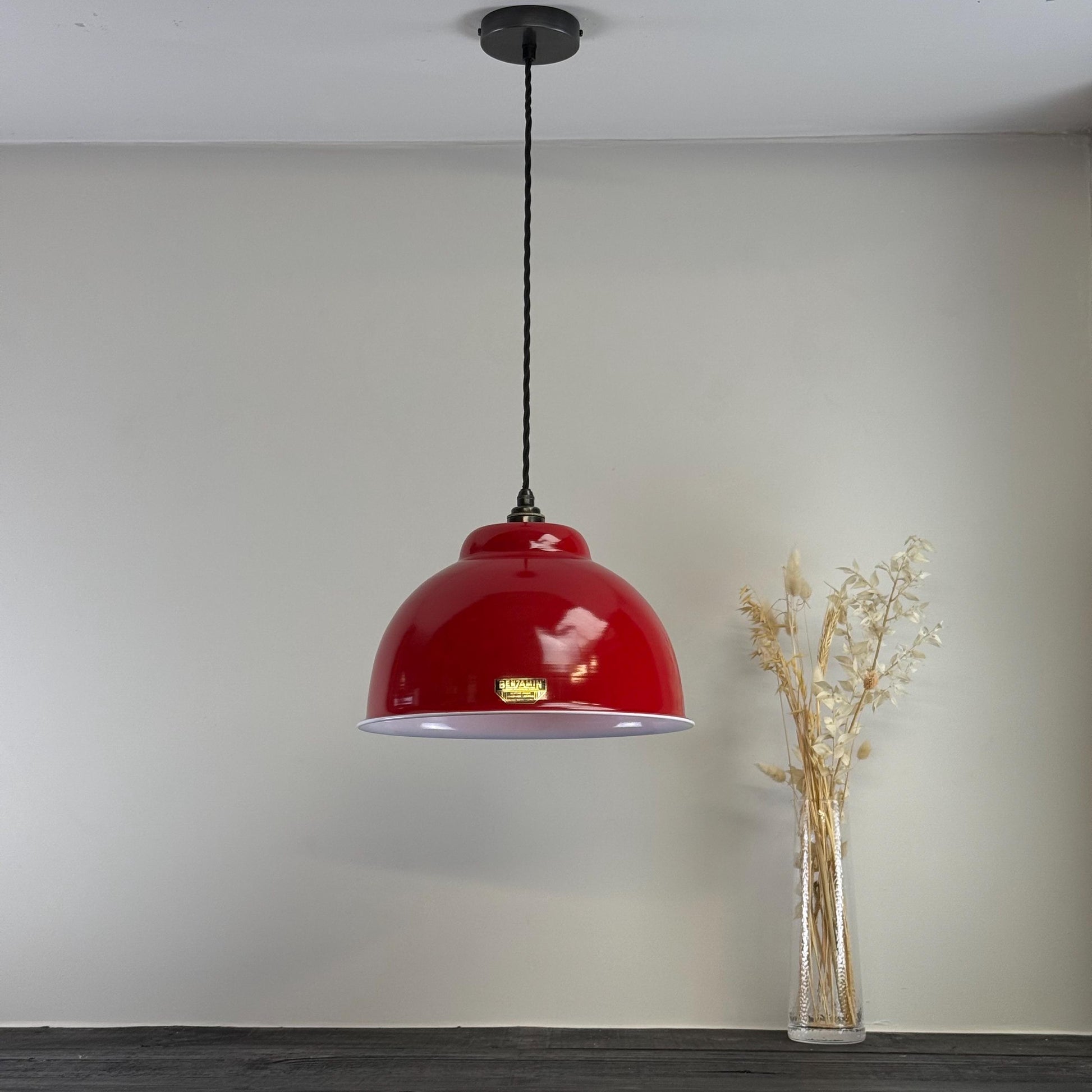 Morley XL ~ British Red RLM Deep Dome Reflector Lampshade Pendant Set Light ~ 13 Inch