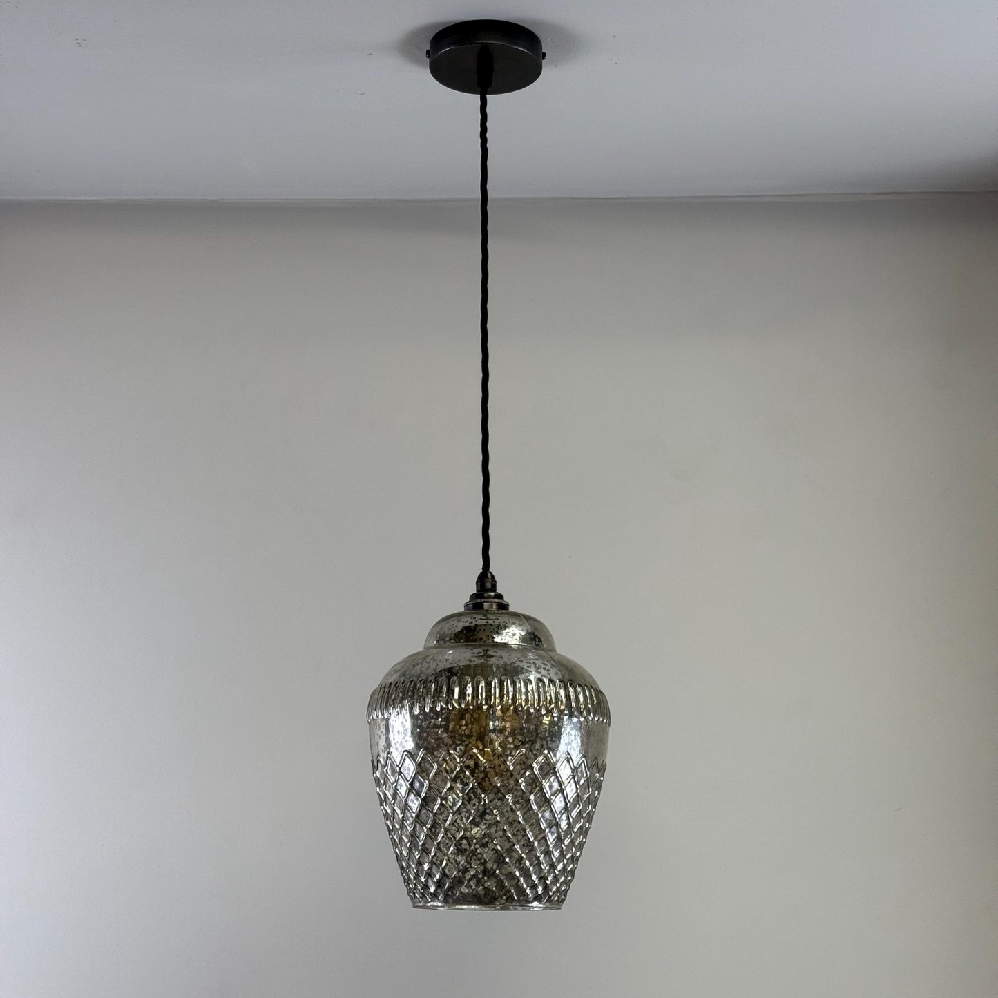 Vintage Mercury Glass Pendant Light Handcrafted Diamond Cut Hanging Lamp