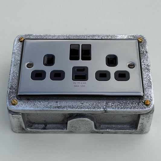 Black Nickel Double Switched 13A Power Socket 230V 13A 2 Gang 2G Solid Cast Metal Conduit Switch Industrial