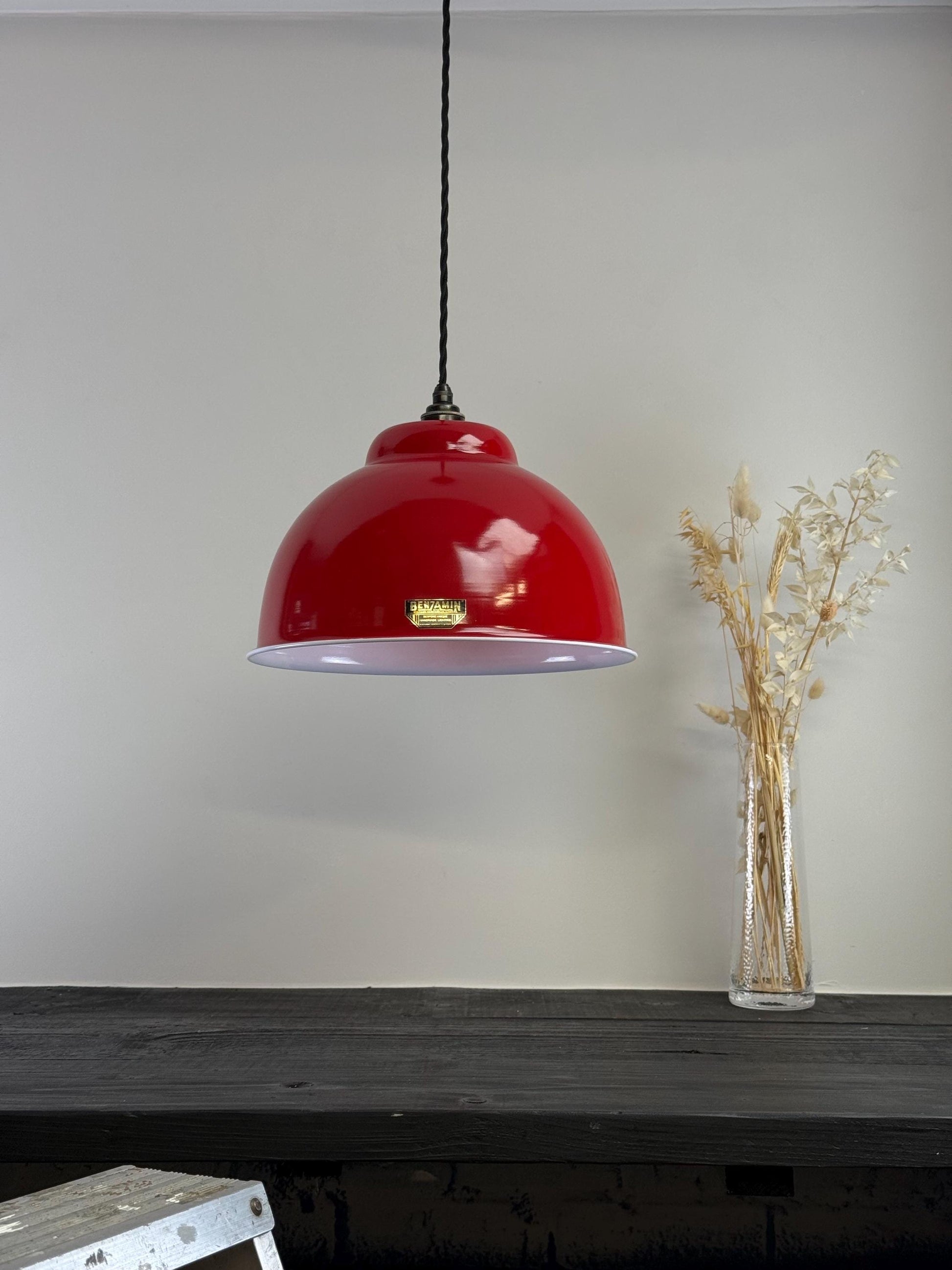 Morley XL ~ British Red RLM Deep Dome Reflector Lampshade Pendant Set Light ~ 13 Inch