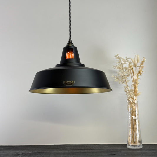 Wolferton XL ~ Matt Black & Brass Lampshade Coolie Design Pendant Ceiling Light ~ 15.5 Inch