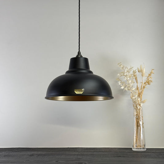 Salthouse XL ~ Matt Black & Antique Brass Dome Lampshade Pendant Ceiling Light ~ 14.5 Inch