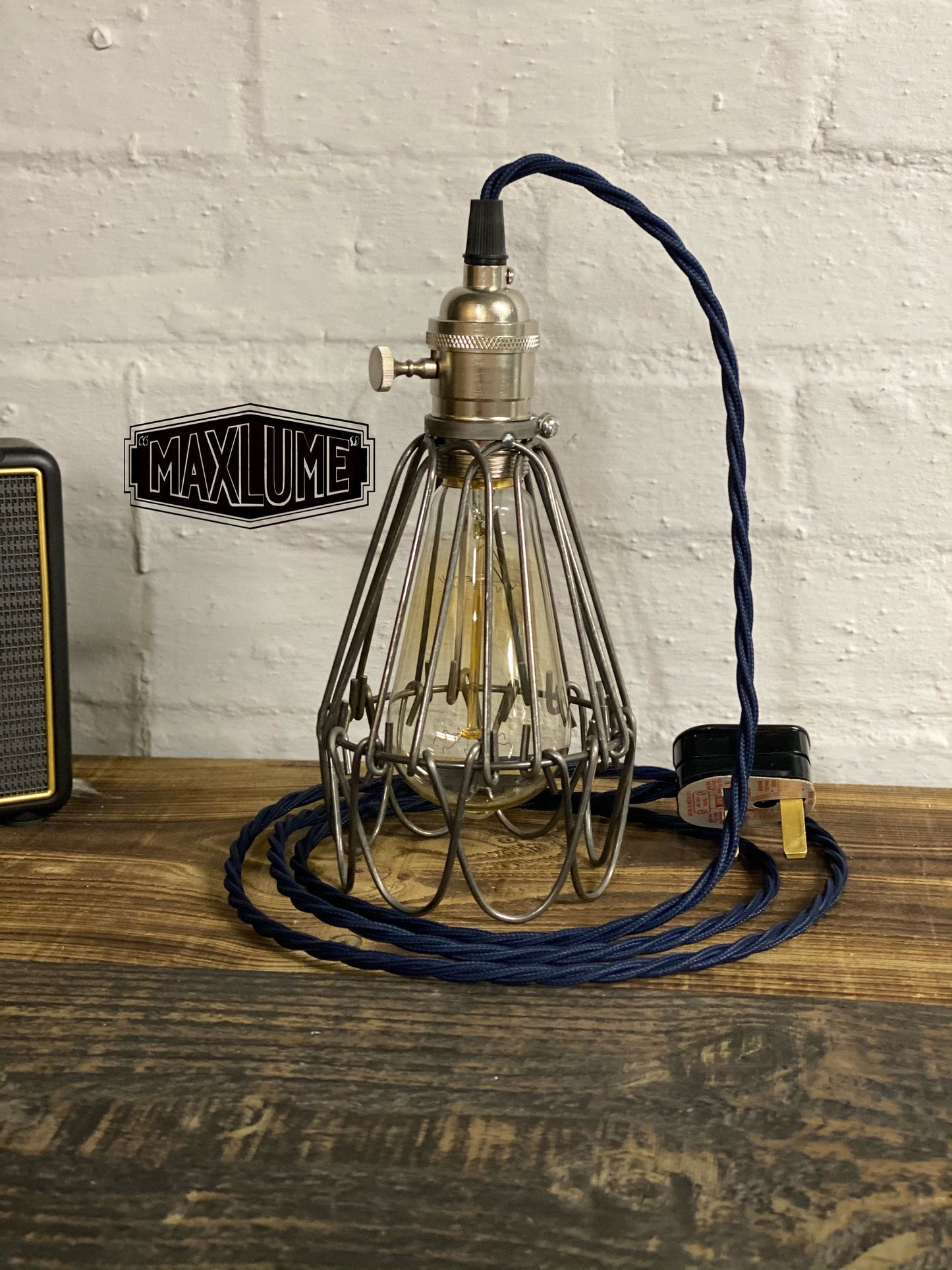 Hemsby ~ Raw Steel Cage Bedside Lamp | Fabric Cable | Bedroom | Table Light | Vintage Retro 1 x Edison Filament Bulb