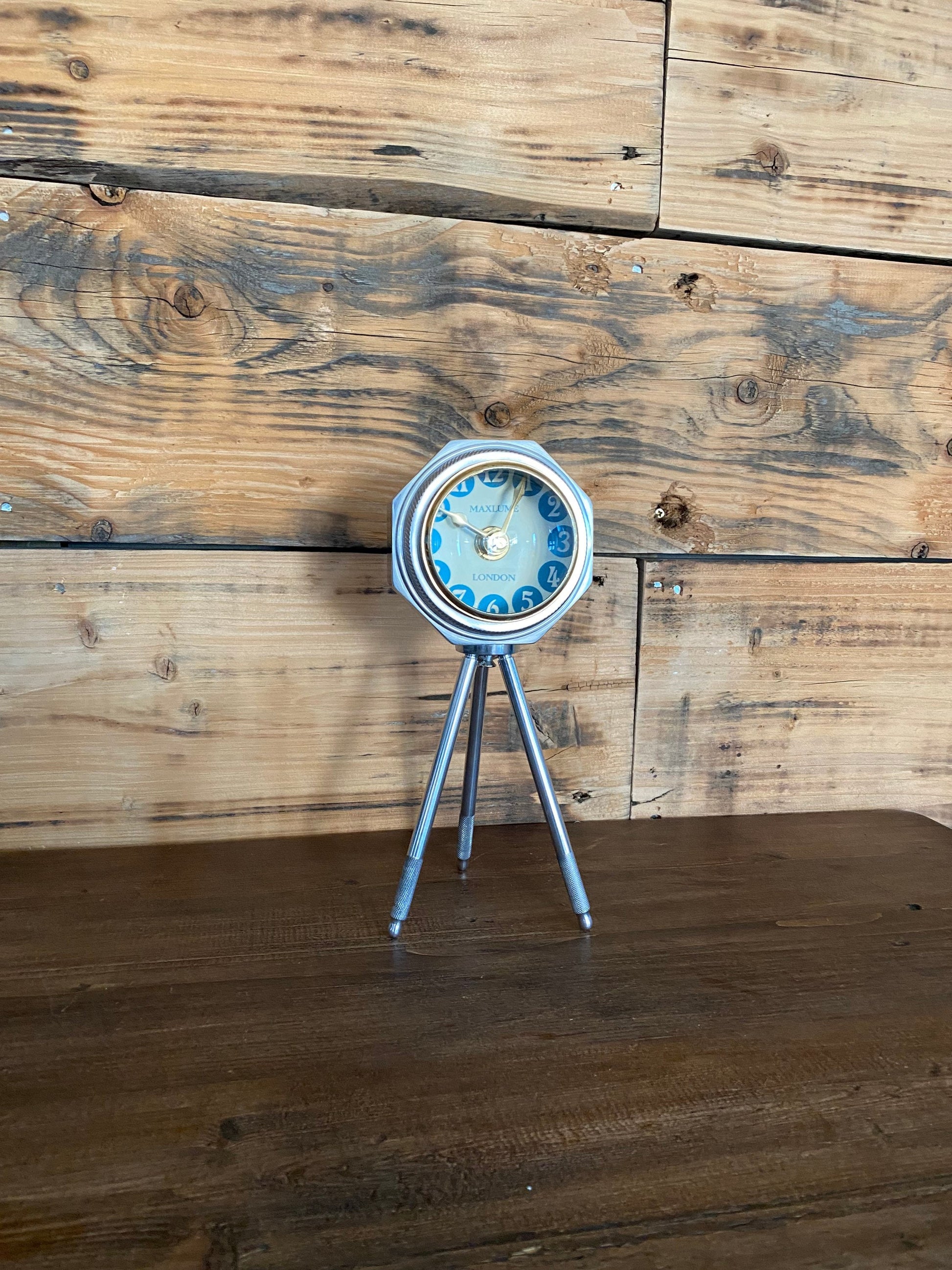 Maxlume ~ London Table Tripod Clock Polished Nickel Solid Brass Ship Nautical Vintage Industrial Decor