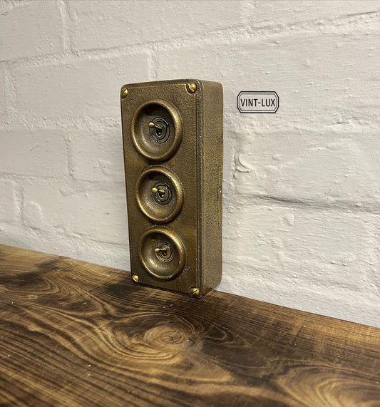 3 Gang Solid Cast Bronze Metal Conduit Light Switch Industrial 2 Way - BS EN Approved Vintage Crabtree 1950’s Style