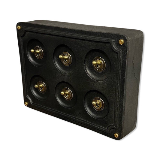 6 Gang 2 Way Black Zinc Solid Cast Metal Surface Mounting Conduit Light Switch Industrial - BS EN Approved Vintage Britmac Style