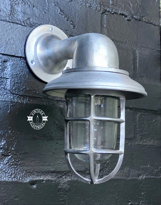 Wells ~ Solid Cast Caged Swan Neck Bulkhead Industrial Wall Light | Bathroom | Outdoor Garden | Vintage 1 x Edison Filament Bulb