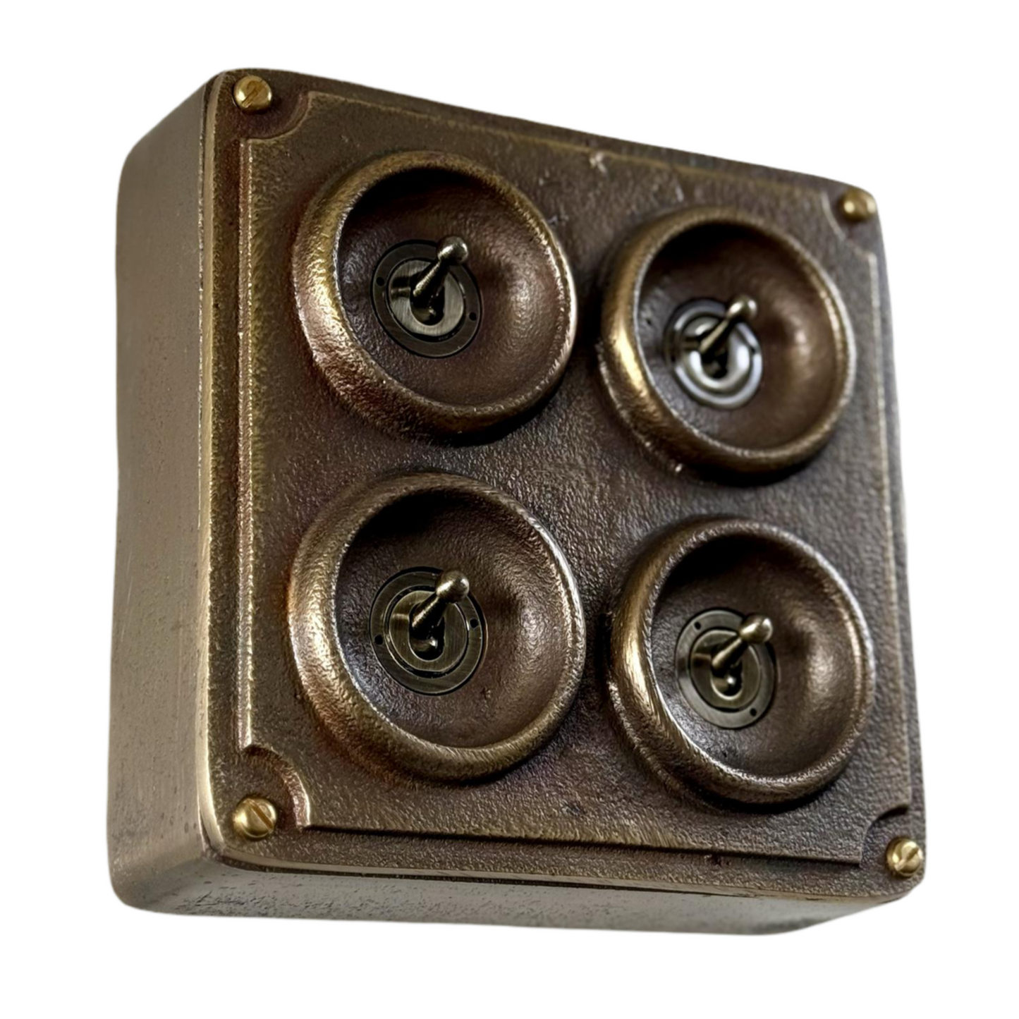 4 Gang 2 Way Solid Antique Brass Bronze Metal Surface Mounted Conduit Light Switch Industrial - BS EN Approved Vintage Crabtree 1950’s Style