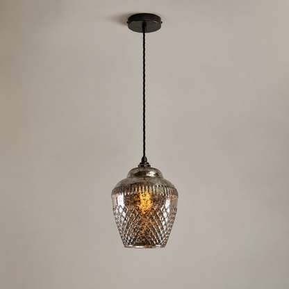 Vintage Mercury Glass Pendant Light | Diamond Cut Glass Hanging Lamp