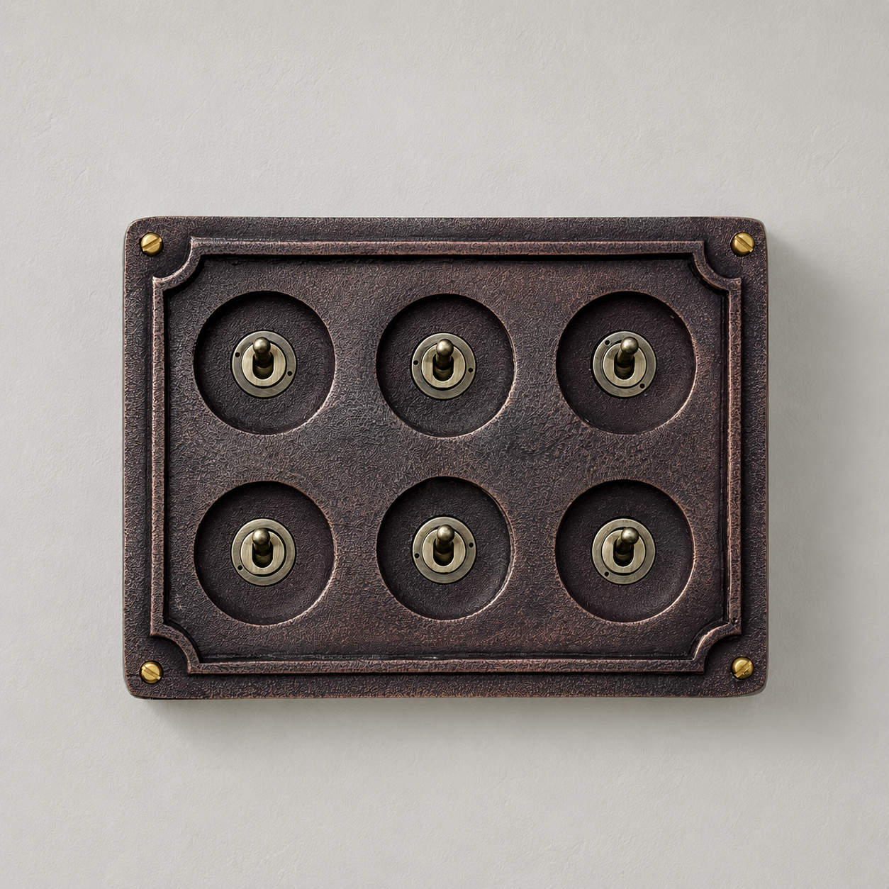 6 Gang 2 Way Antique Copper Toggle Light Switch | Solid Cast Metal Conduit Style