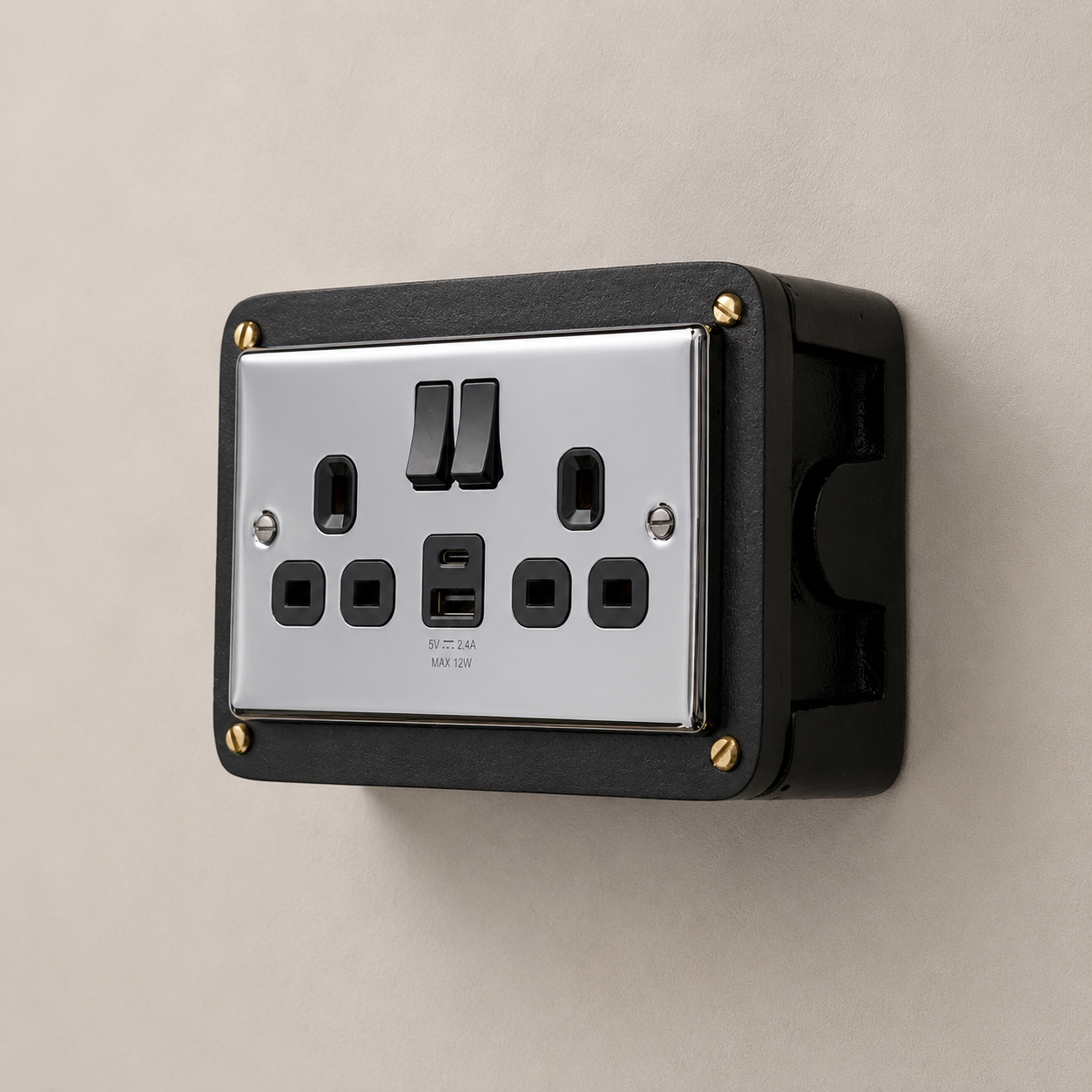 Black Double Switched Black Nickel Power Socket 230V 2 Gang Solid Cast Metal Conduit Switch