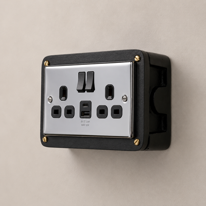 Black Double Switched Black Nickel Power Socket 230V 2 Gang Solid Cast Metal Conduit Switch