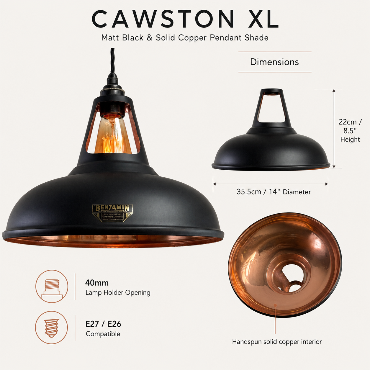 Cawston XL - Matt Black & Solid Copper Slotted Pendant Shade | 14 Inch