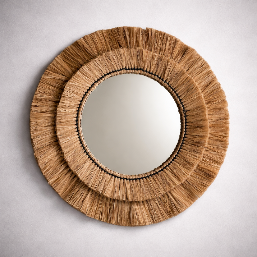 Natural Raffia Coastal Fringe Wall Round Mirror - Boho