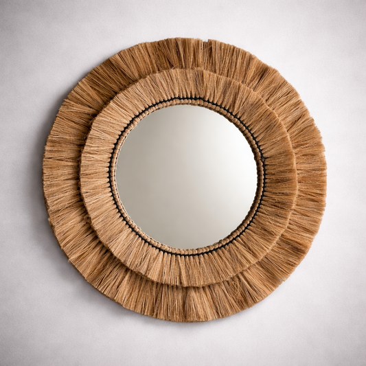Natural Raffia Coastal Fringe Wall Round Mirror - Boho