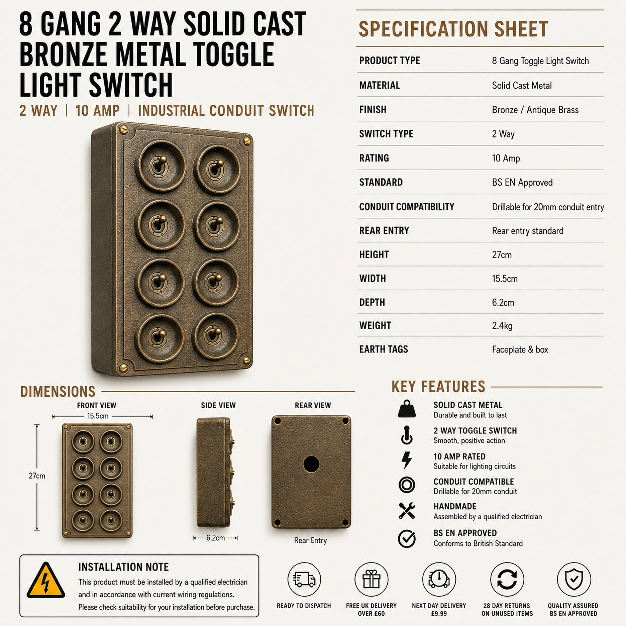 8 Gang 2 Way Bronze Cast Metal Toggle Light Switch | Industrial Surface Mounted Conduit Style