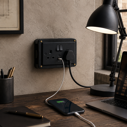 Matt Black Double Switched Solid Cast Metal Conduit 2-Gang Socket + 2.4A 12W 2 Outlet Type A & C USB Charger