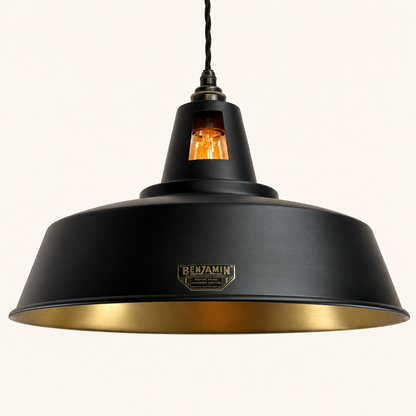 Wolferton XL Matt Black & Brass Lampshade Coolie Pendant Light - 15.5 Inch