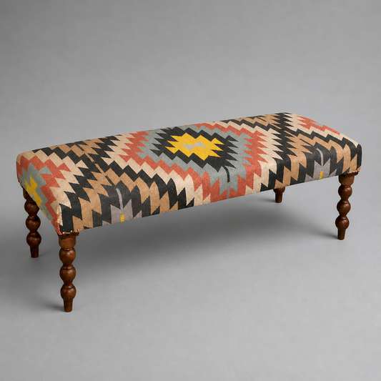 Geometric Kilim Ottoman Bench Stool | Handwoven Wool & Cotton | 121cm