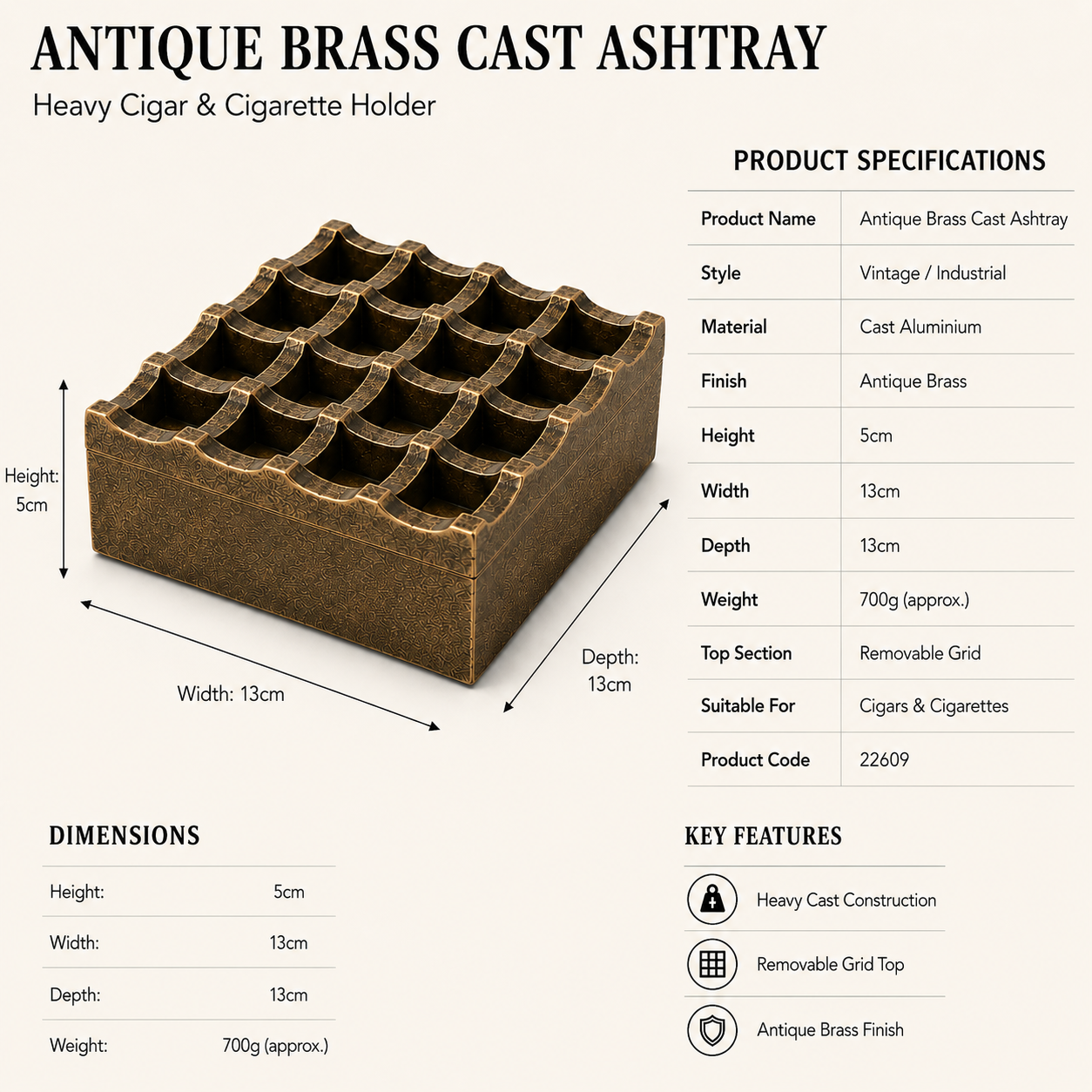 Antique Brass Large Ashtray | Heavy Cigar Holder