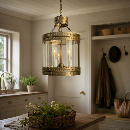 Antique Brass Ribbed Glass Hanging Pendant Lantern Ceiling Light