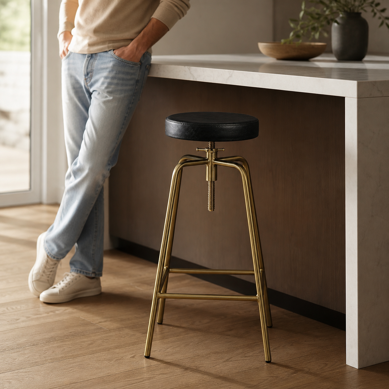 Brass Bar Adjustable Stool Black Leather Top Seat | Vintage Industrial Style