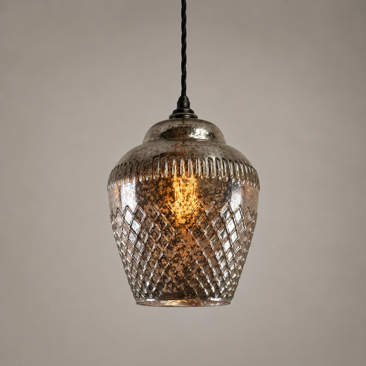Vintage Mercury Glass Pendant Light | Diamond Cut Glass Hanging Lamp