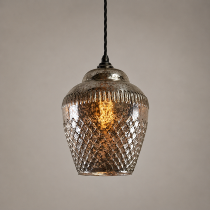 Vintage Mercury Glass Pendant Light | Diamond Cut Glass Hanging Lamp
