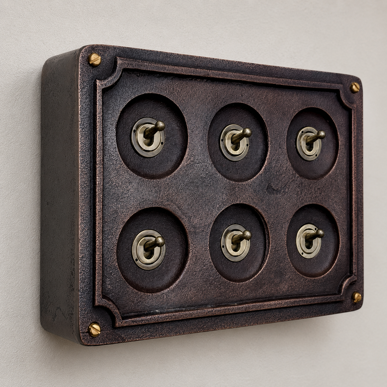 6 Gang 2 Way Antique Copper Toggle Light Switch | Solid Cast Metal Conduit Style