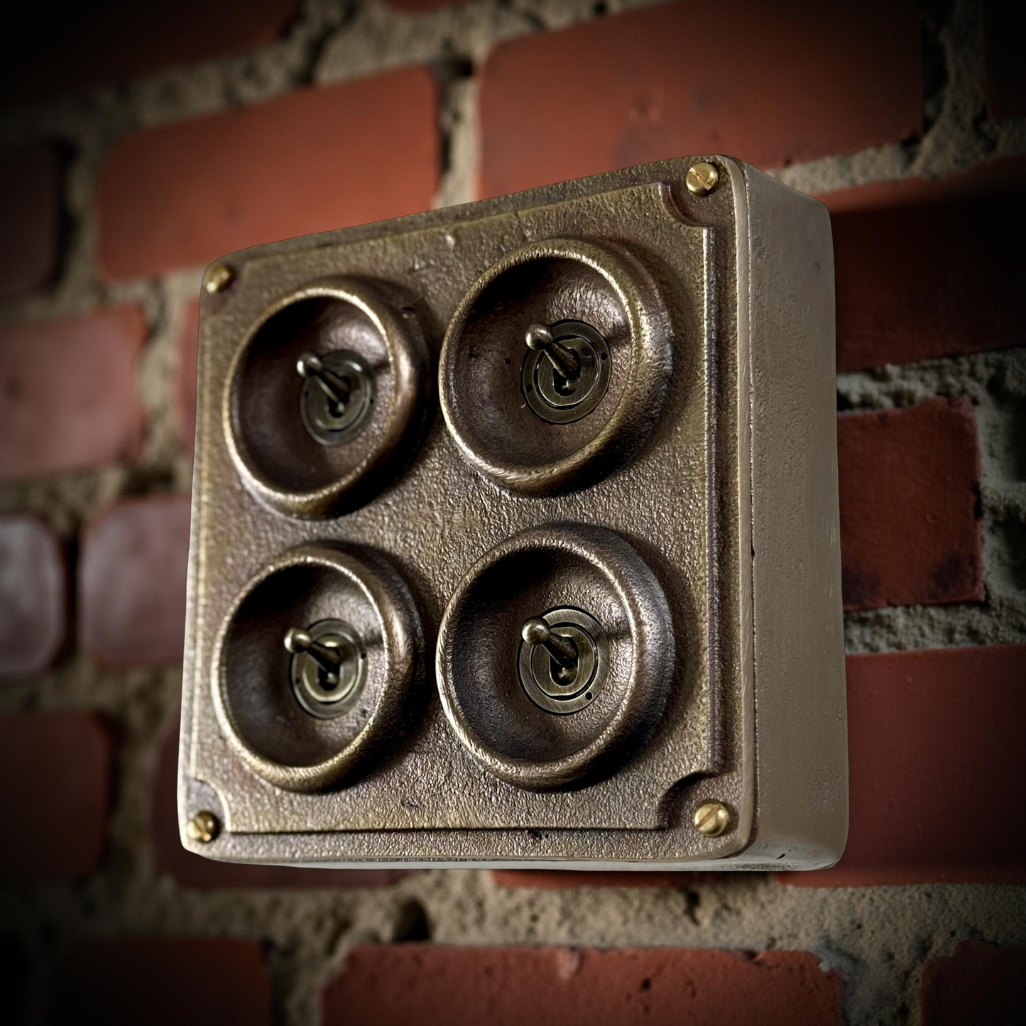 4 Gang 2 Way Solid Antique Brass Bronze Metal Surface Mounted Conduit Light Switch Industrial - BS EN Approved Vintage Crabtree 1950’s Style
