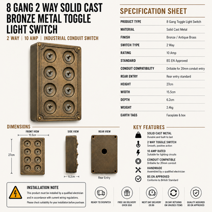 8 Gang 2 Way Bronze Solid Cast Metal Conduit Light Switch Industrial
