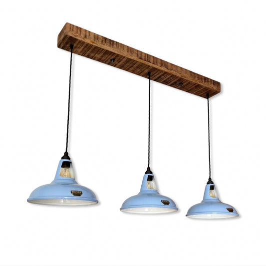 Cawston ~ 3 x Light Blue Coolicon Lampshade Pendant Set Wooden Track Light - Dining Room - Kitchen Table *Worn*