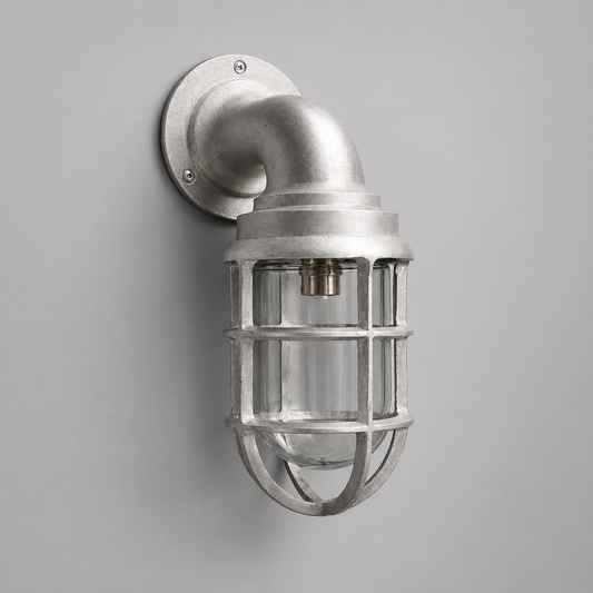 Beachamwell - Raw Cast Aluminium Caged Bulkhead Wall Light | Outdoor & Bathroom | 10.5 Inch