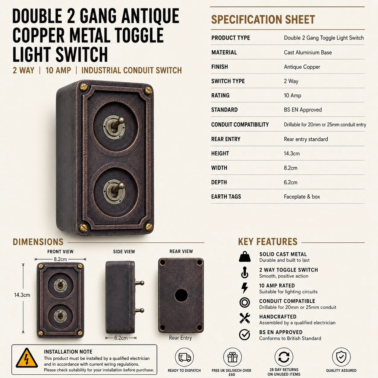 Double 2 Gang Antique Copper Metal Conduit Light Switch