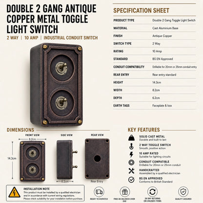 Double 2 Gang Antique Copper Metal Conduit Light Switch