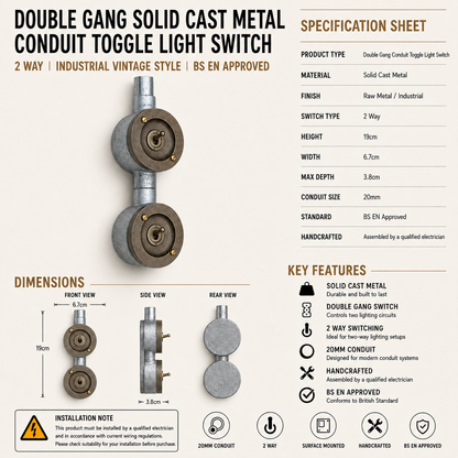 Double Gang Solid Cast Metal Conduit Light Switch | 2 Way Industrial Vintage Style