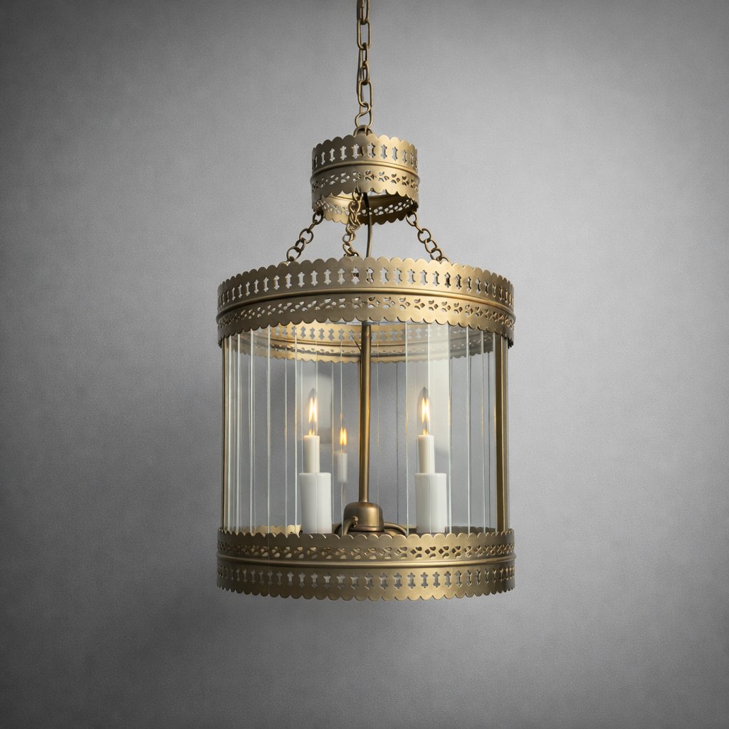 Antique Brass Hanging Pendant Lantern Ceiling Light - Ribbed Glass