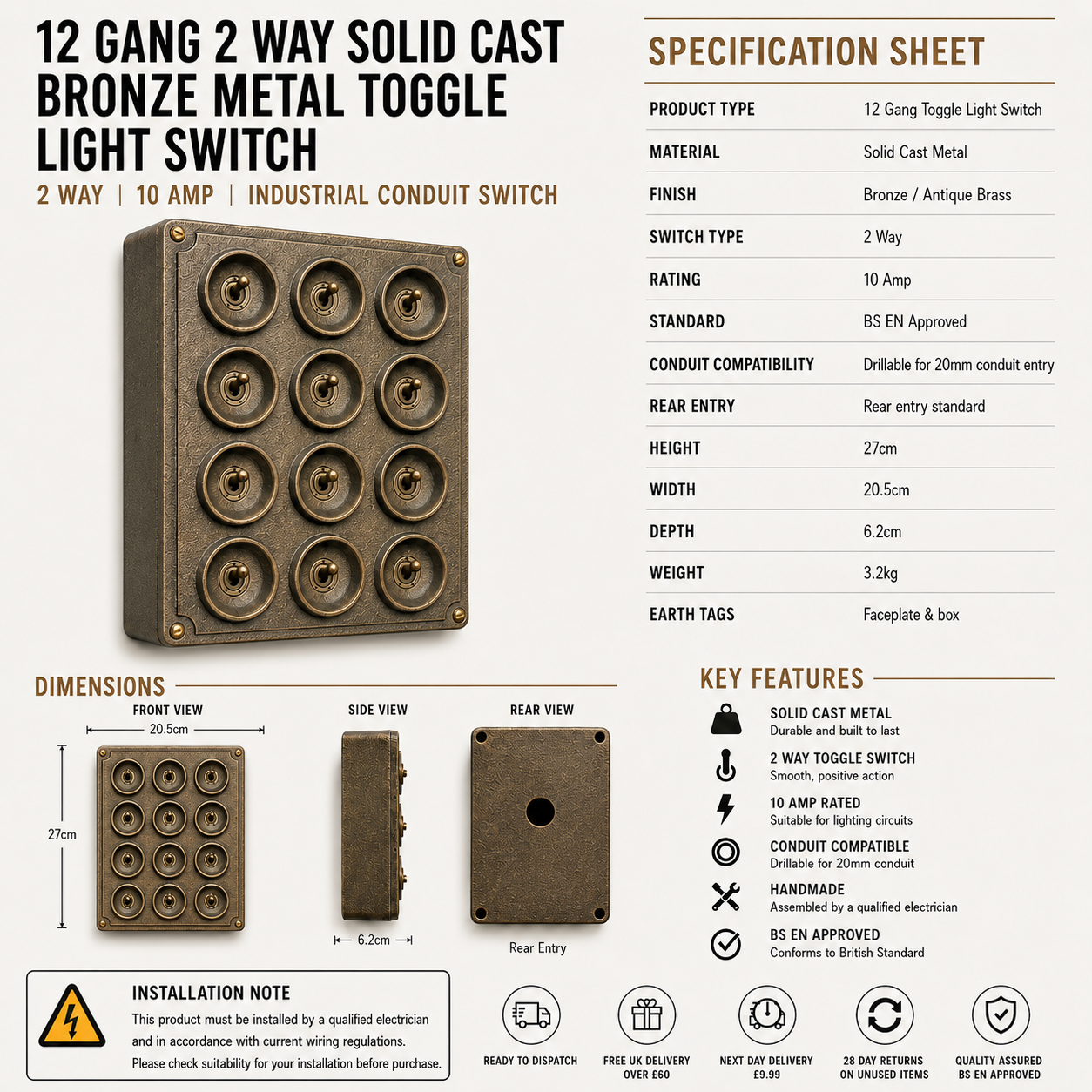 12 Gang 2 Way Bronze Solid Cast Metal Conduit Toggle Light Switch