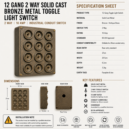 12 Gang 2 Way Bronze Solid Cast Metal Conduit Toggle Light Switch