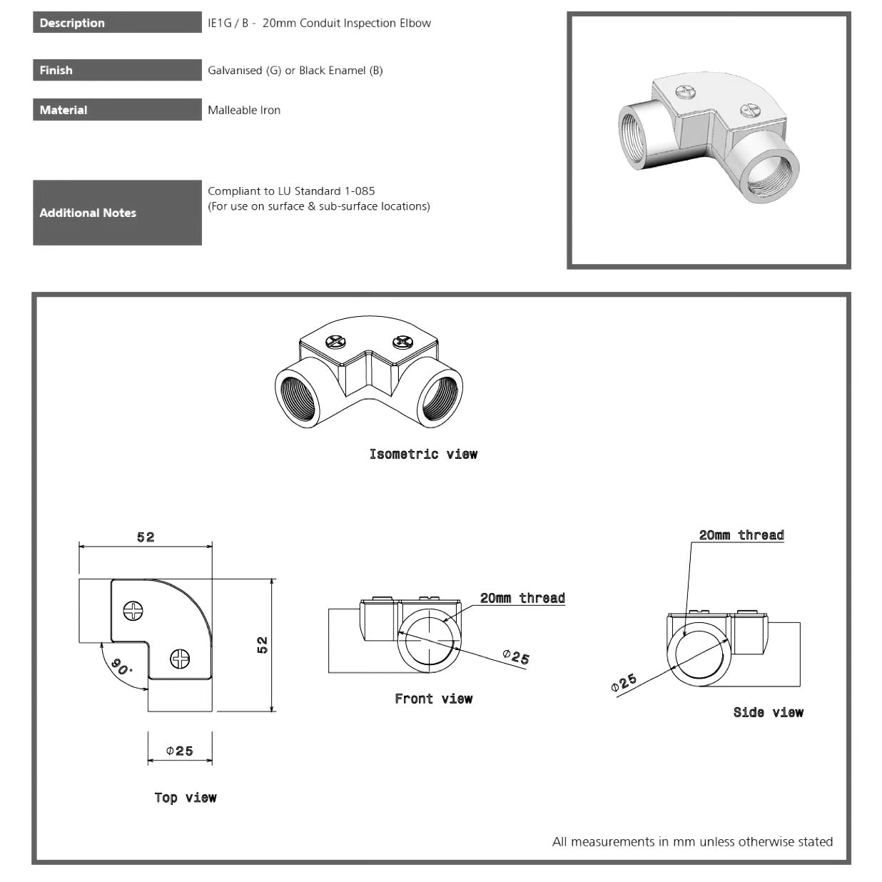 20mm Galvanised Inspection Elbow Conduit Bend with Brass Screws