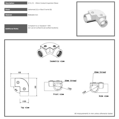 20mm Galvanised Inspection Elbow Conduit Bend with Brass Screws