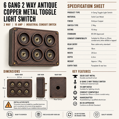 6 Gang 2 Way Antique Copper Conduit Toggle Light Switch | Solid Cast Metal
