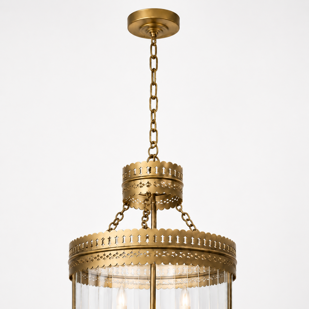 Antique Brass Ribbed Glass Hanging Pendant Lantern Ceiling Light