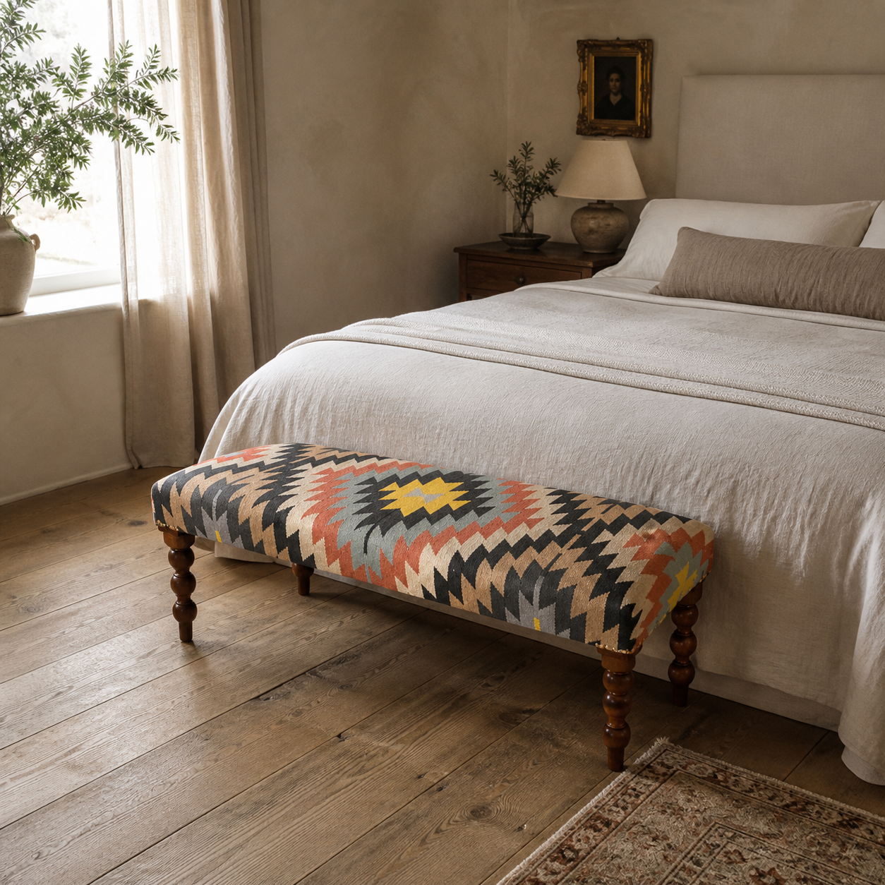 Geometric Kilim Ottoman Bench Stool | Handwoven Wool & Cotton | 121cm