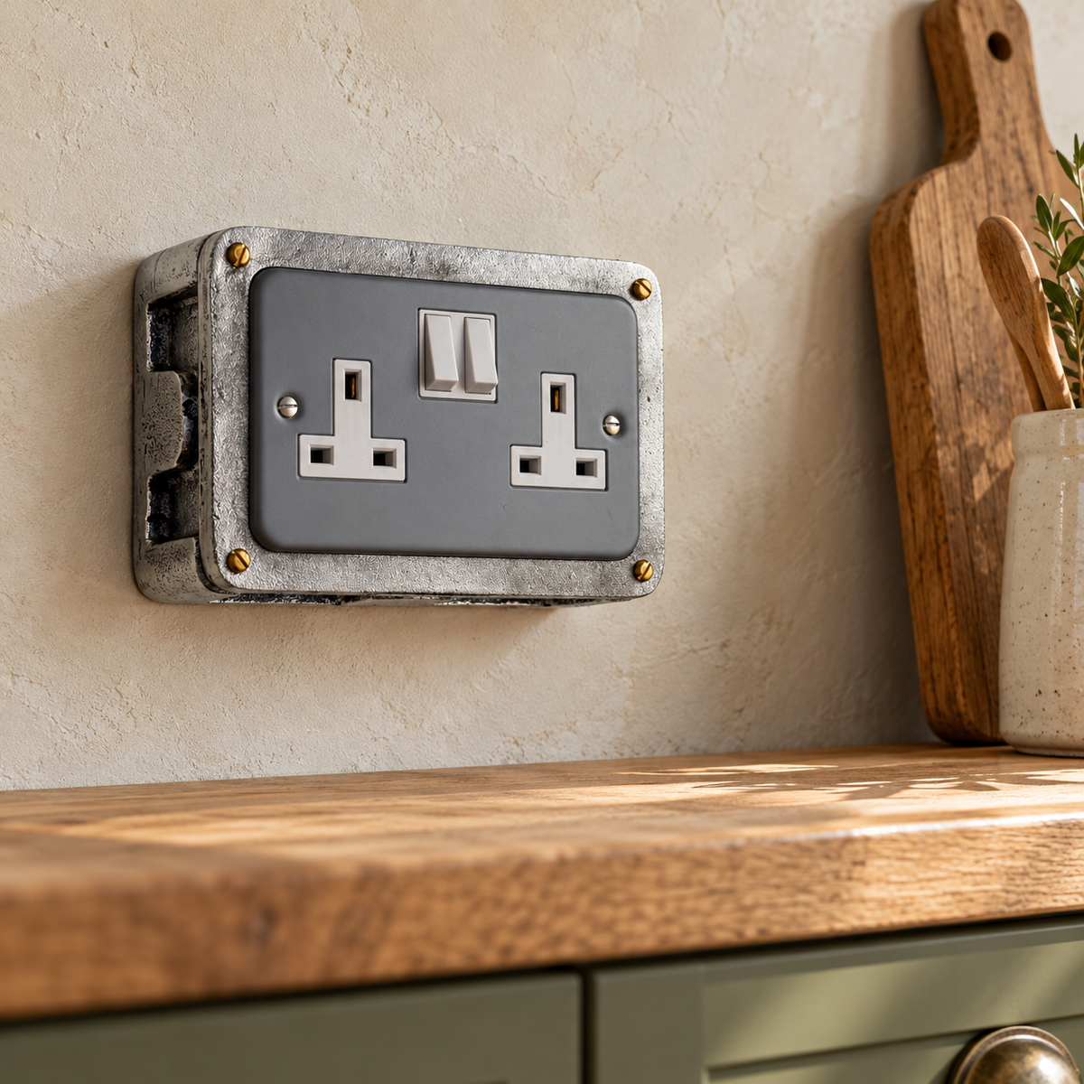 Grey Metal Clad Double Switched 13A Power Socket 230V Industrial Conduit